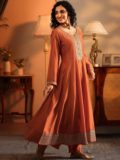 Dhiyona LL Ethnic Motifs Embroidered Panelled Thread Work Kurta With Palazzos & Dupatta