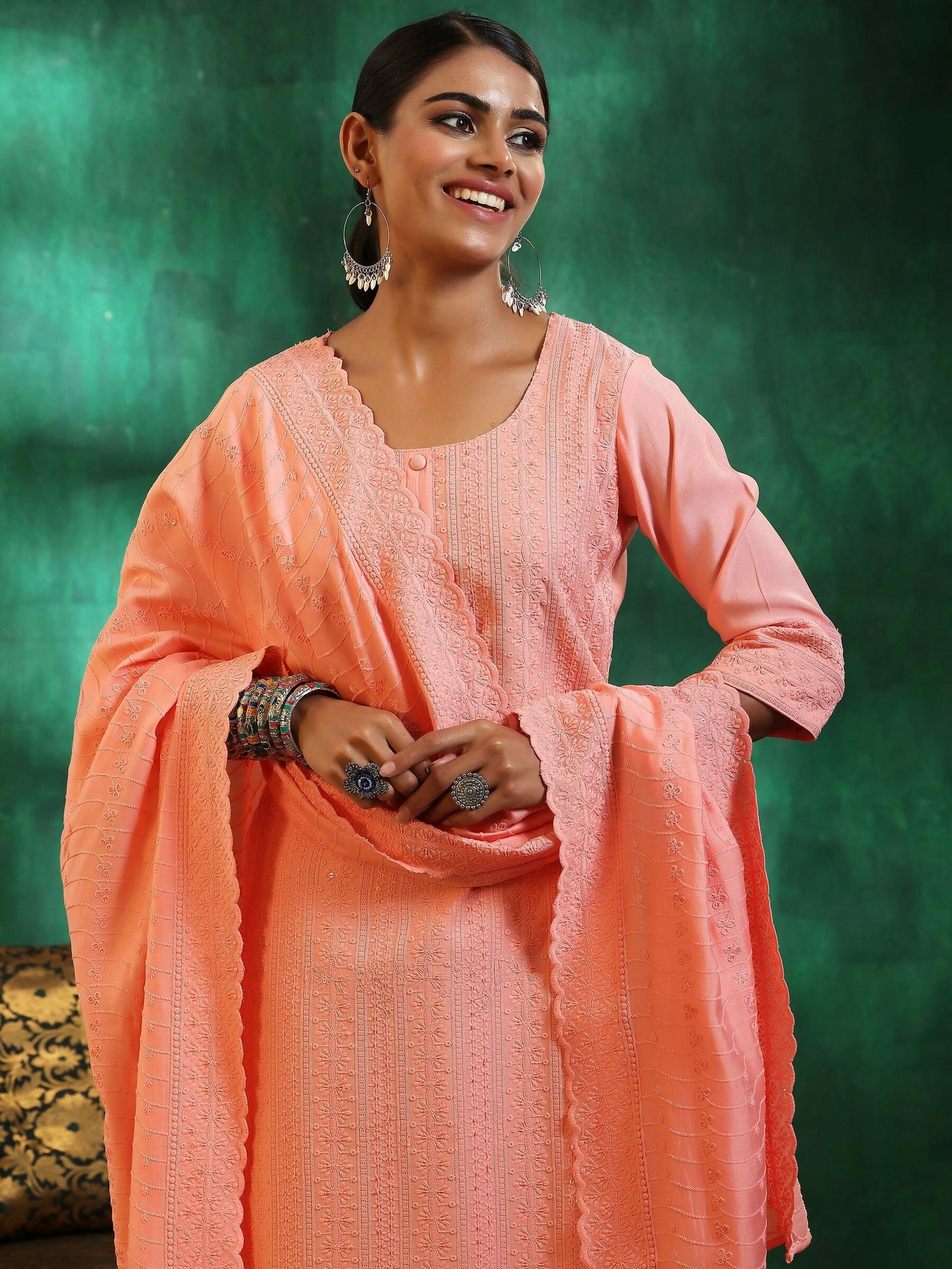 Women's LB Peach Embroidered Silk Blend Straight Suit With Dupatta