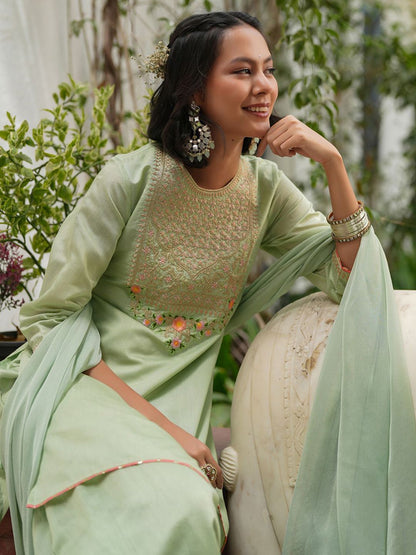 Dhiyona SC Floral Yoke Design Zari Chanderi Silk Straight Kurti With Sharara & Dupatta