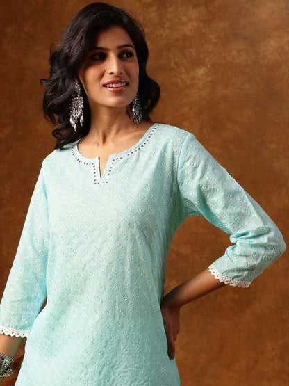 Dhiyona AN Floral Embroidered Notch Neck Thread Work Straight Kurta & Sharara With Dupatta