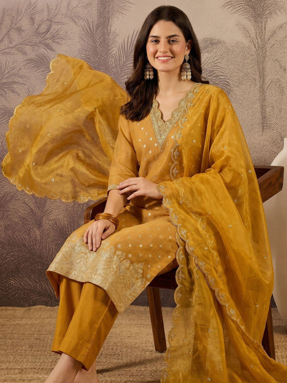 Embroidered Cotton V-Neck Kurta & Trousers With Dupatta