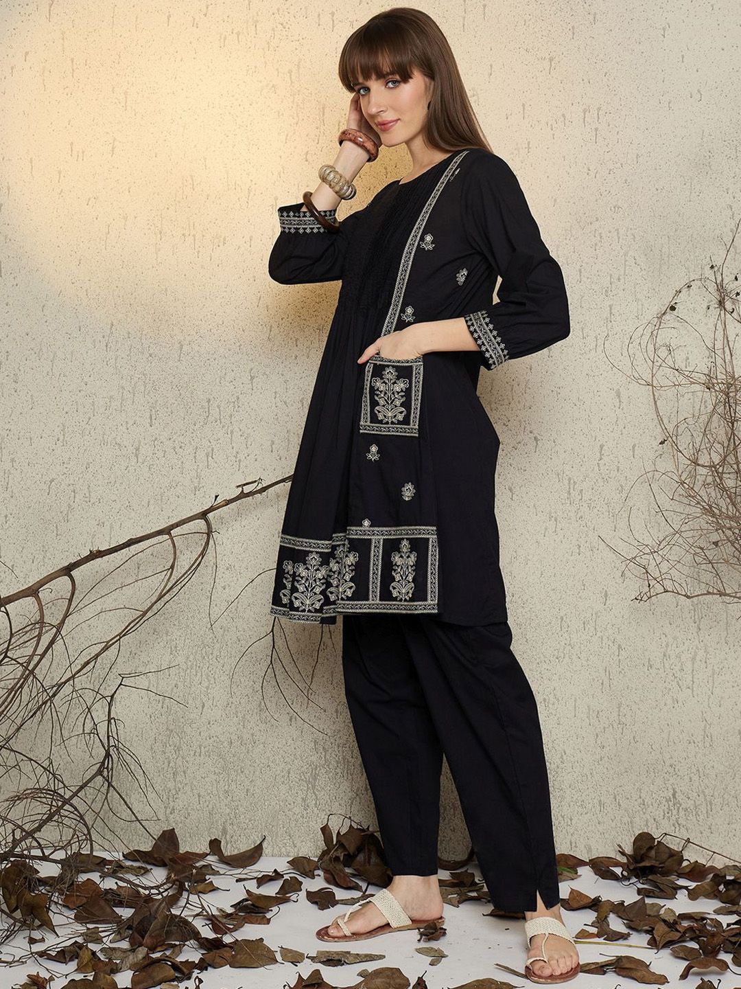 Dhiyona IE Women Embroidered Round Neck Cotton Top and Trousers Co-Ords
