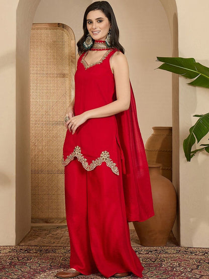 Dhiyona SN Embroidered Straight Kurta & Palazzos With Dupatta