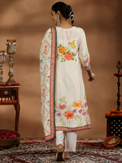 Women's LB Off White Printed Cotton Blend Straight Suit With Dupatta