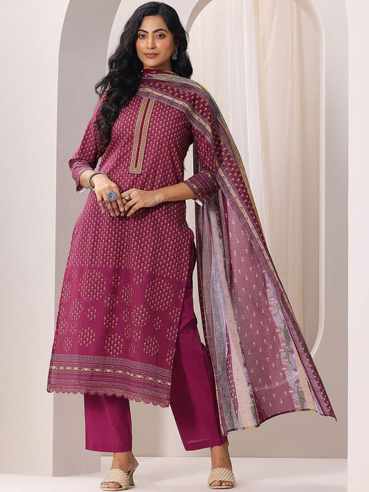 Ethnic Motifs Printed Straight Thread Work Kurta With Trousers & Dupatta