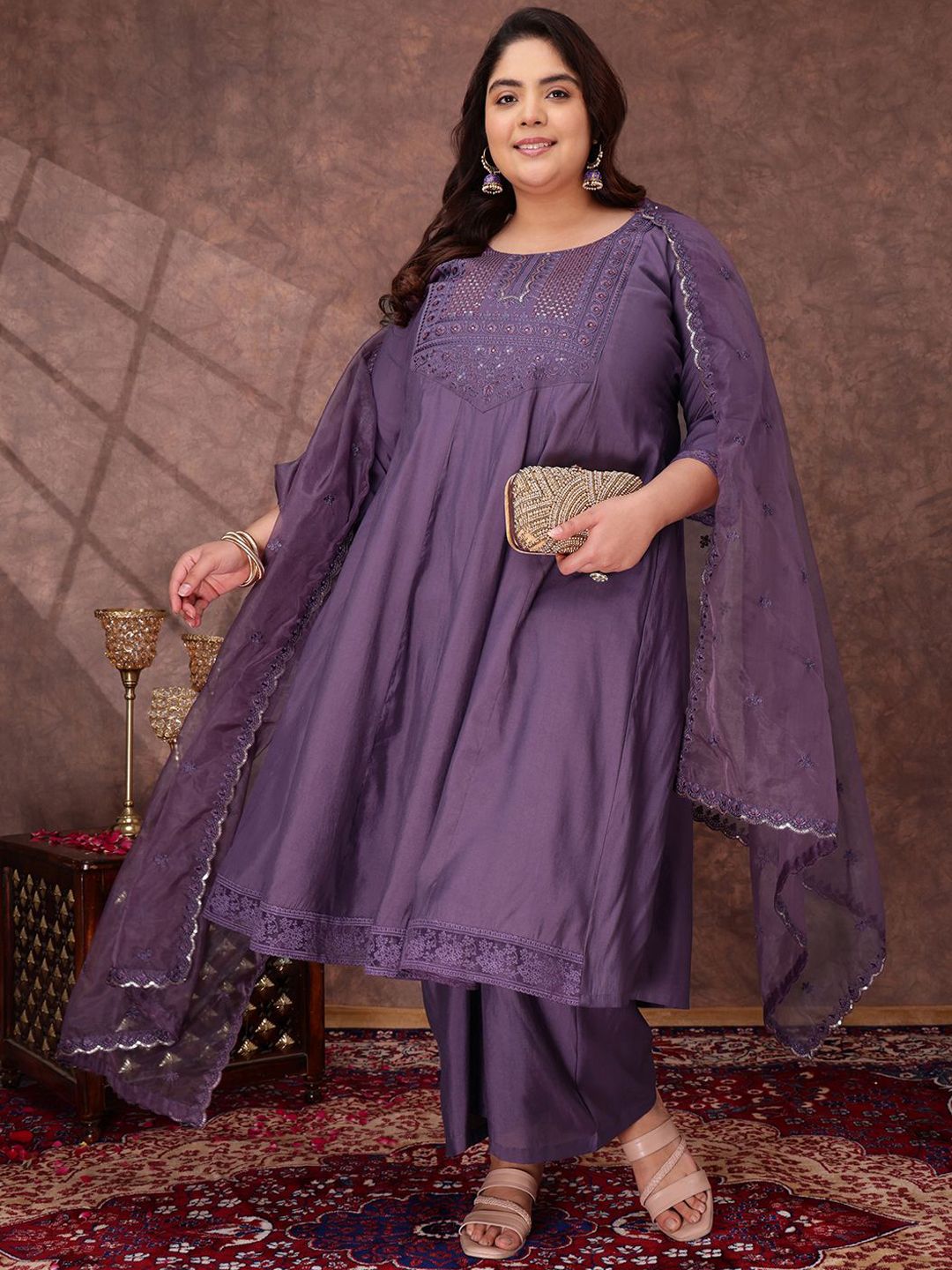 Dhiyona IN Floral Yoke Design Thread Work Anarkali Kurta With Palazzos & With Dupatta