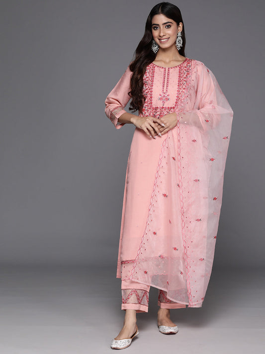 Dhiyona VR Women's Peach Embroidered Straight Kurta Paired With Tonal Bottom And Organza Embroidered Dupatta