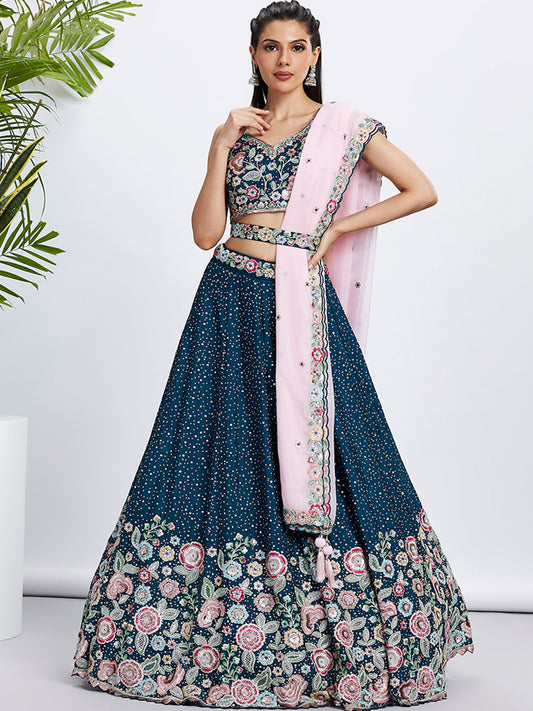 Women Navy blue Pure Chiffon Sequins and thread embroidery  Lehenga choli & Dupatta