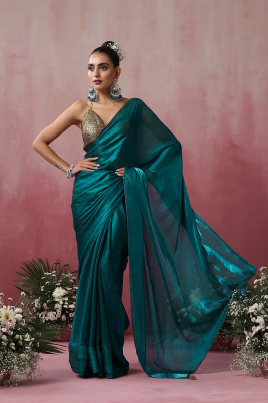 Dhiyona ST Green Metallic Satin Saree with Pendants and Blouse Fabric