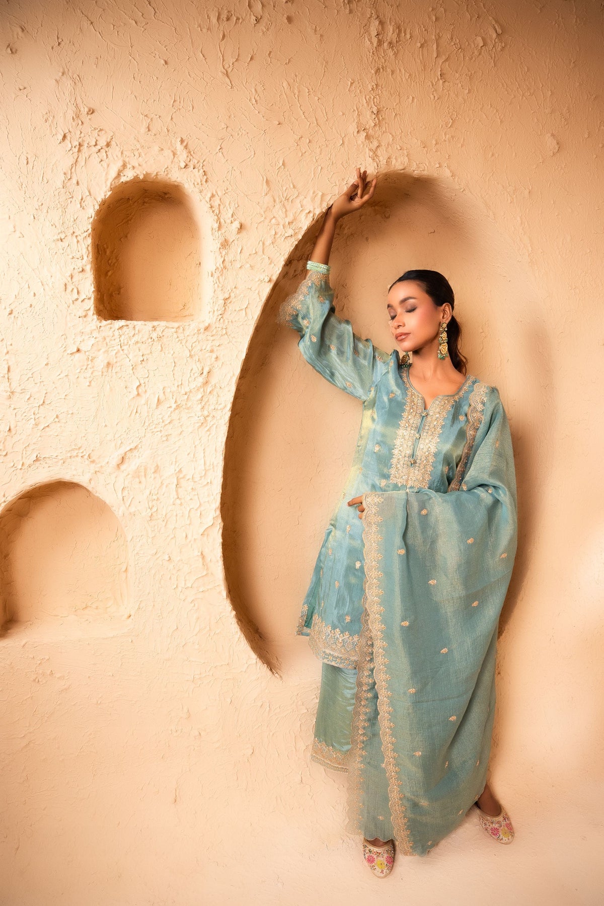 Leher Tissue Embroidered Sky Blue  Suit Set