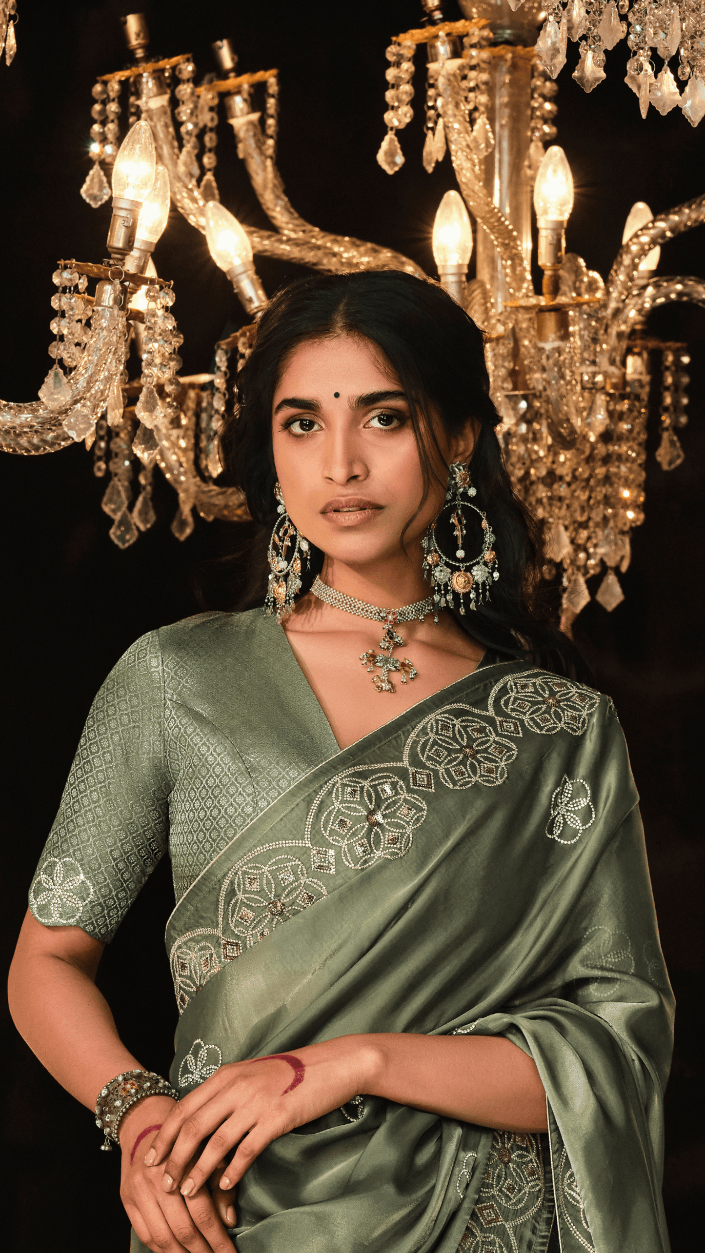 Dhiyona KM Women Olive Green Heavy Embroidered Designer Silk Saree