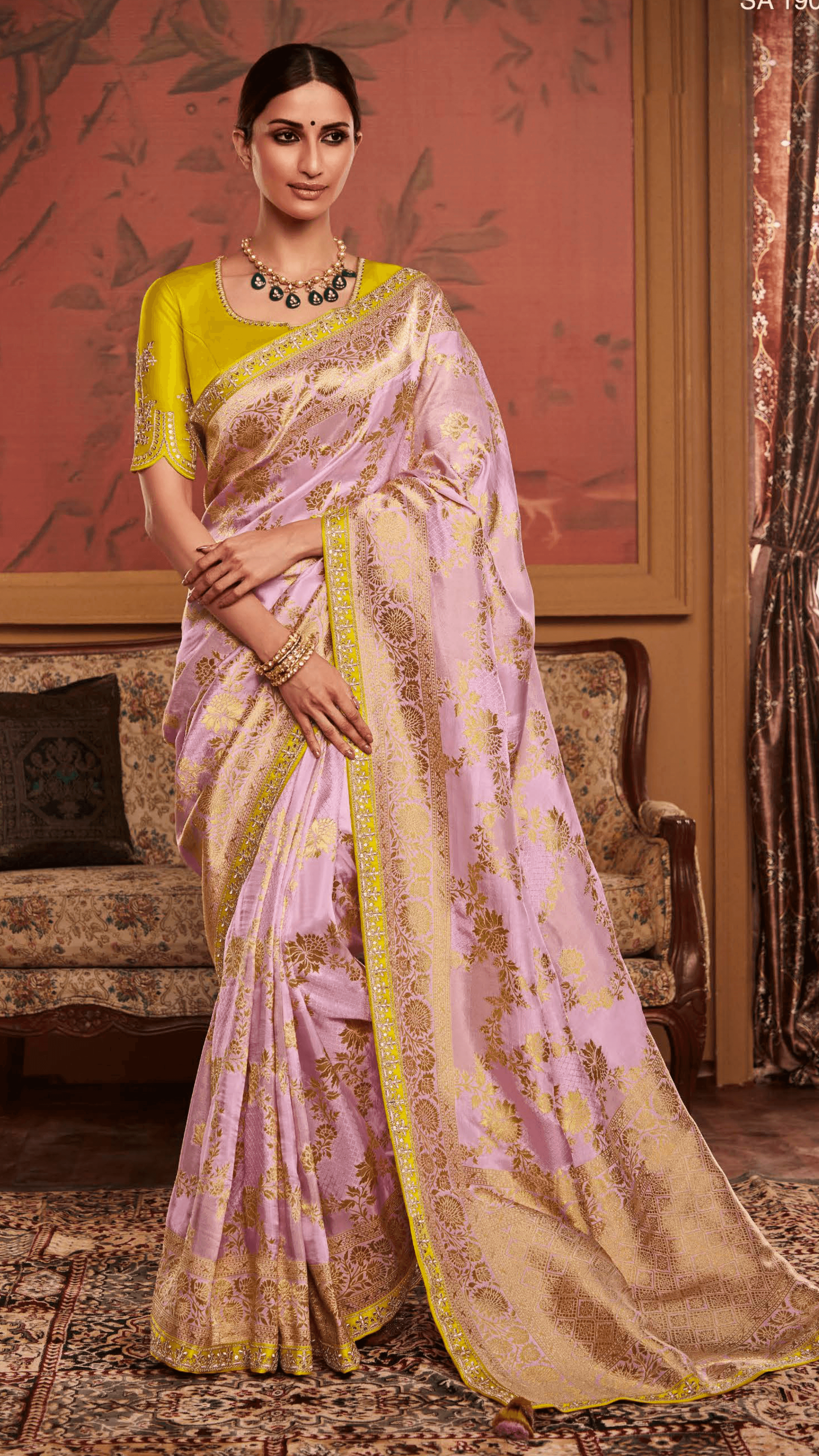 Dhiyona KM Women Pink Silk Woven Saree With Contrasting Yellow Blouse