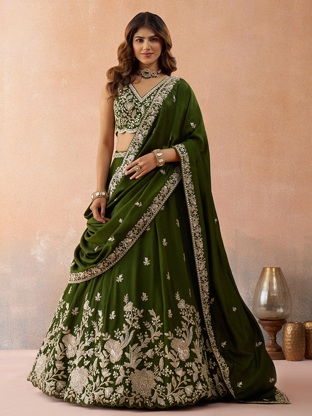 Olive- Tissue Sequinned with Zari Embroidered Semi-Stitched Lehenga & Unstitched Blouse With Dupatta