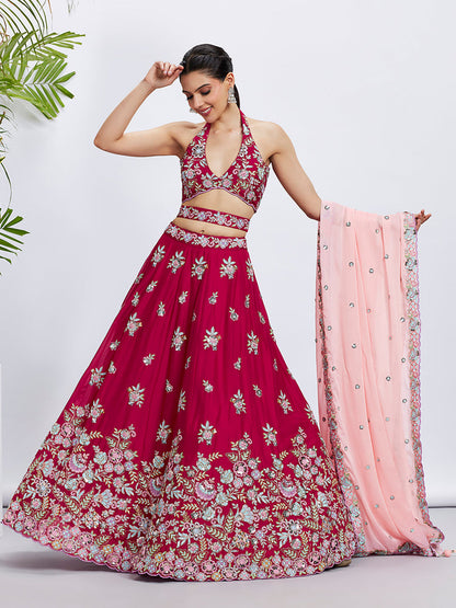 Women Rose Pure Georgette Sequins and thread embroidery  Lehenga choli & Dupatta