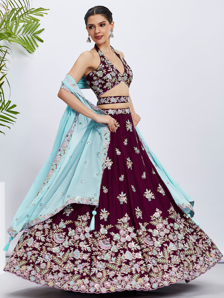 Women Burgundy Pure Georgette Sequins and thread embroidery  Lehenga choli & Dupatta