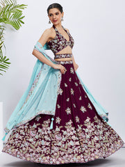 Women Burgundy Pure Georgette Sequins and thread embroidery  Lehenga choli & Dupatta