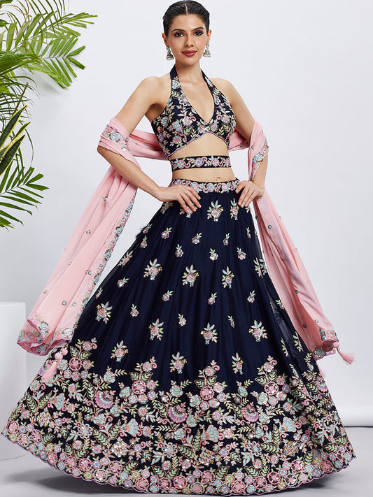 Women Navy blue Pure Georgette Sequins and thread embroidery  Lehenga choli & Dupatta