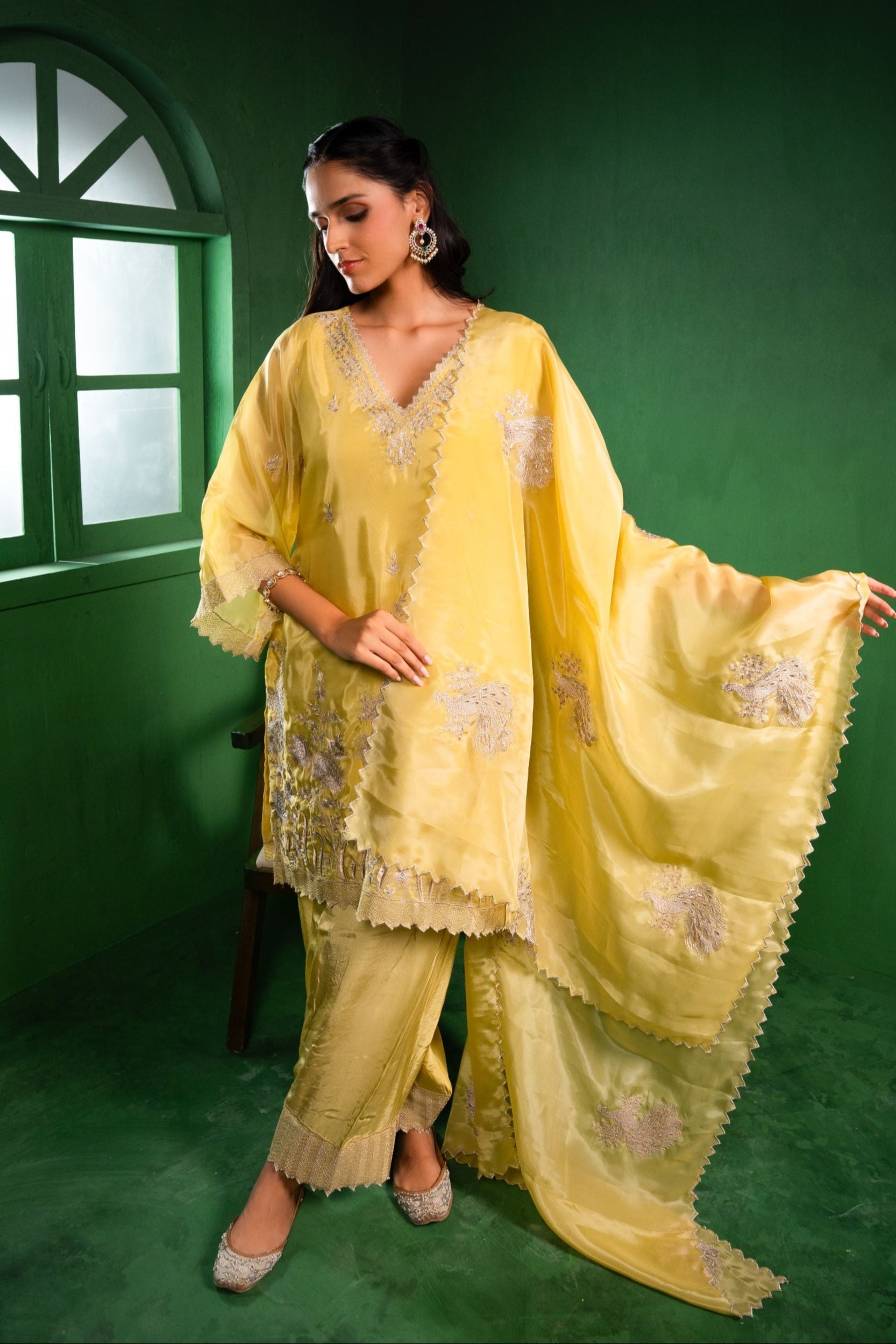 Rang Organza Embroidered Yellow  Kurta with Farsi Salwar