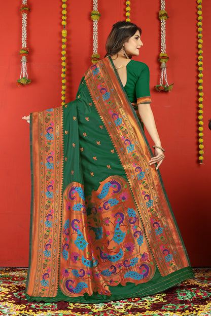 Dhiyona GR Women's Fancy Mor Bottle Green Zari Paithani Silk Saree