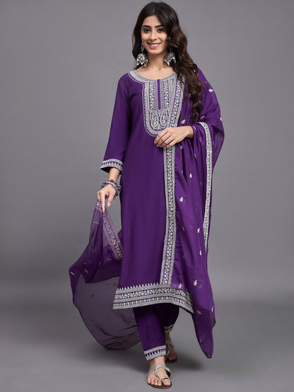 Women Embroidery A-Line Kurta And Pant set with Dupatta