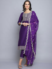 Women Purple Embroidery silk Kurta And Pant Set With Dupatta