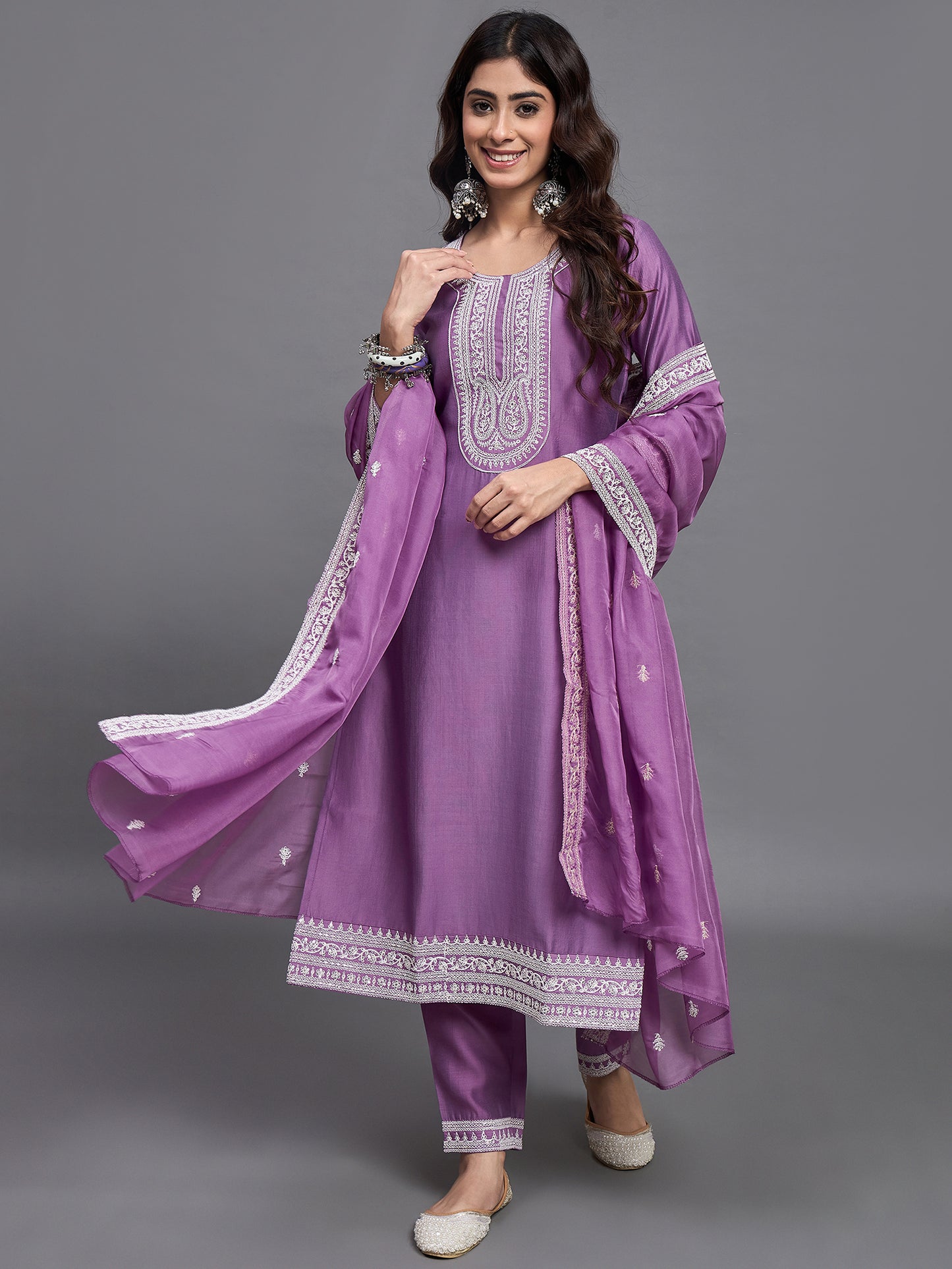 Women Embroidery A-Line Kurta And Pant set with Dupatta