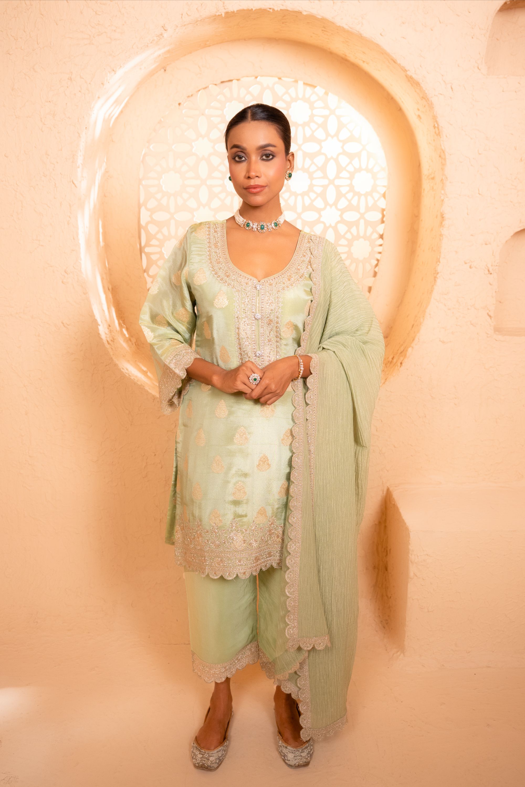 Isvan Tissue Embroidered Green  Suit Set