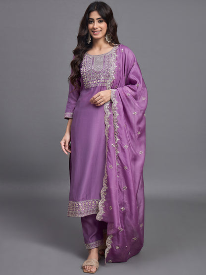 Women Pink Embroidery silk Kurta And Pant Set With Dupatta