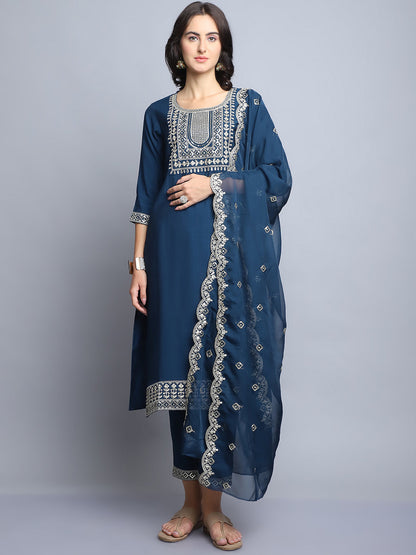 Women Navy Blue Embroidery silk Kurta And Pant Set With Dupatta