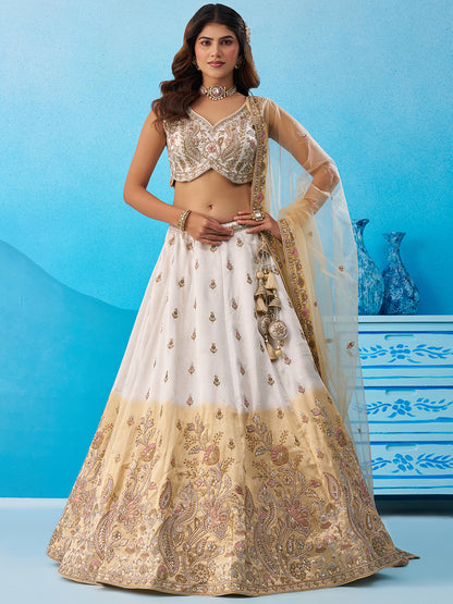 Tissue Beads & Sequins Embroidered Omber Beige and Cream Semi-Stitched Lehenga choli & Dupatta