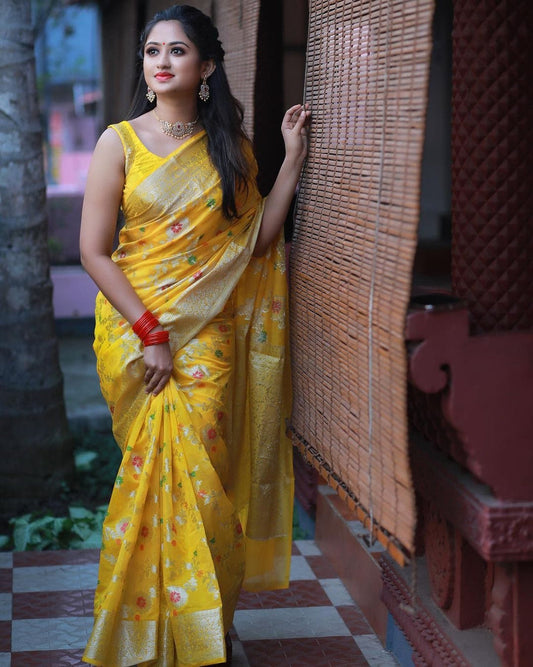 Dhiyona HH Dark Gold Banarasi Georgette Meena Jaal Saree | Attractive & Elegant