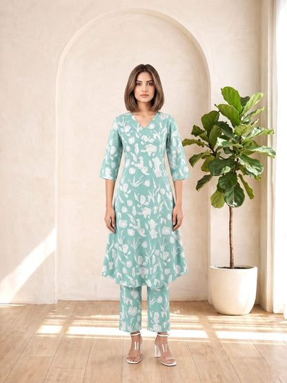 SASHA MINTY PRINTED COTTON KURTA PANT SET