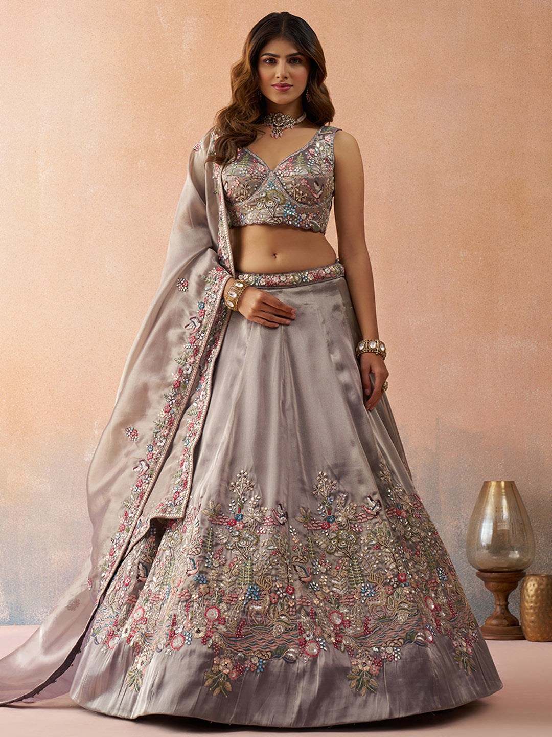Lavender- Tissue Sequinned with Zarkan Embroidered Semi-Stitched Lehenga & Unstitched Blouse With Dupatta