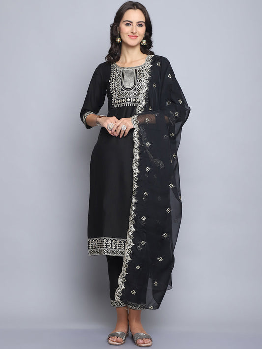 Women Black Embroidery silk Kurta And Pant Set With Dupatta