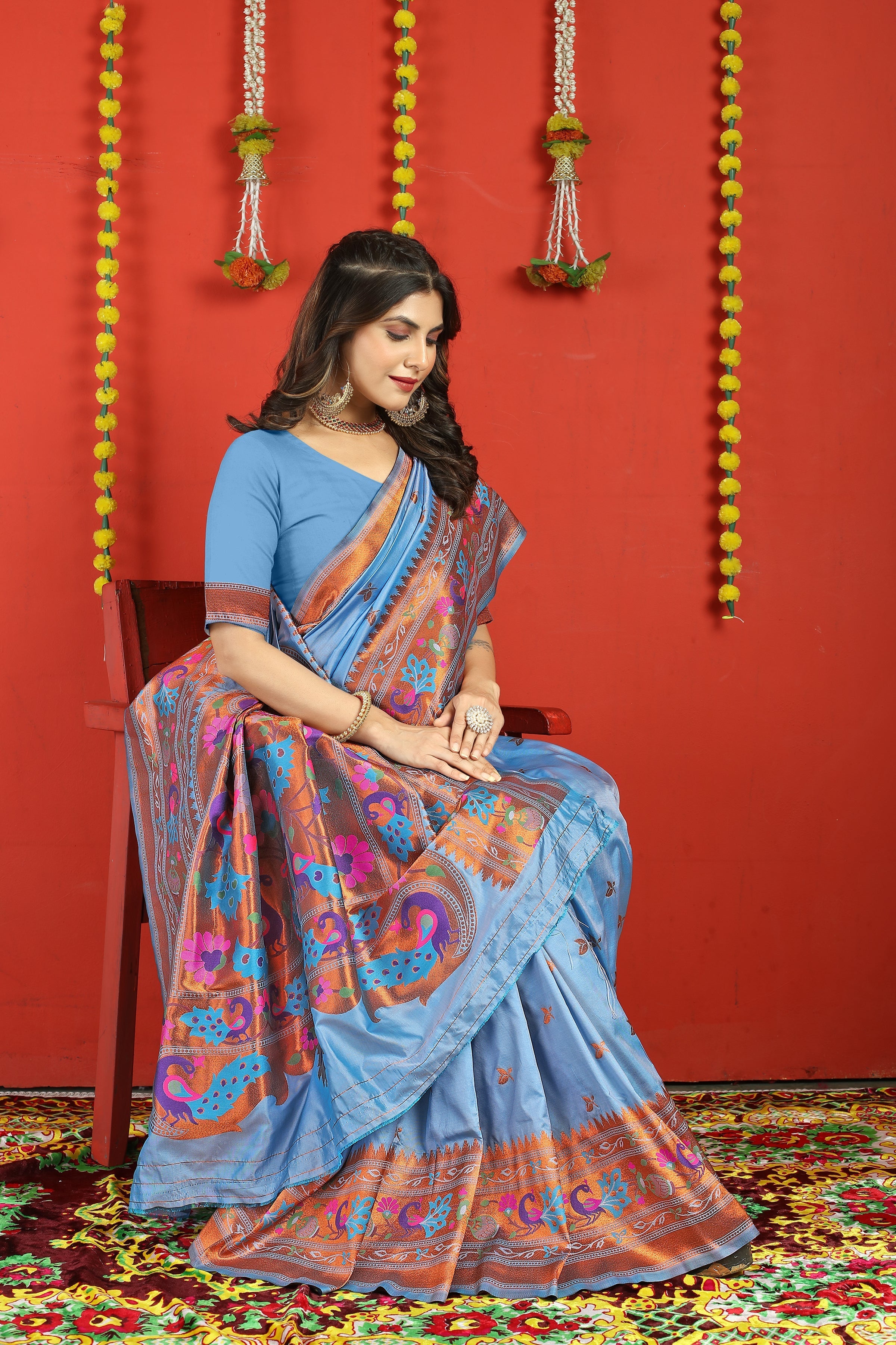 Dhiyona GR Women's Fancy Mor Sky Blue Zari Paithani Silk Saree