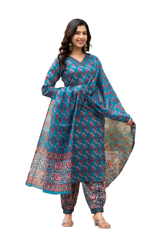 Women Blue Floral Print, Embellished Viscose Rayon Kurta, Pant And Dupatta Set