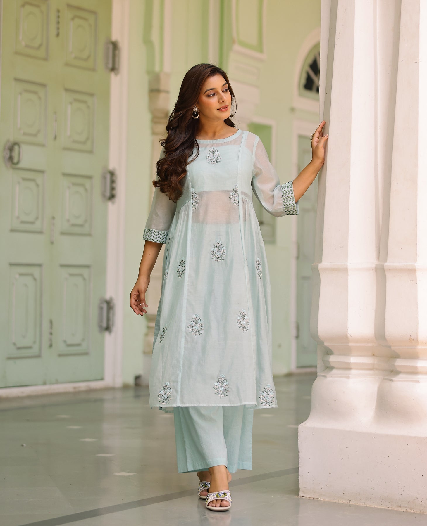 Mehrab Light Blue Mul Chanderi Kurta Set
