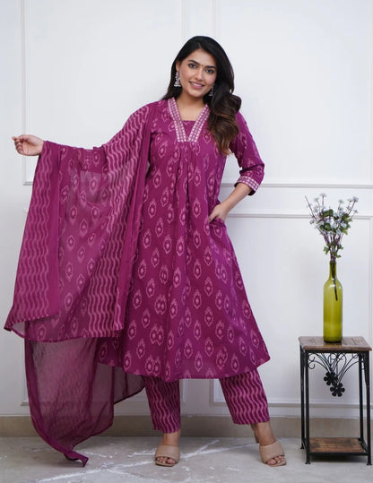 Women Pink Anarkali Kurta And Pant Set With Dupatta