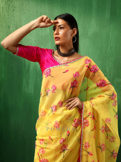 Adaa Pink Lotus Yellow Organza Saree