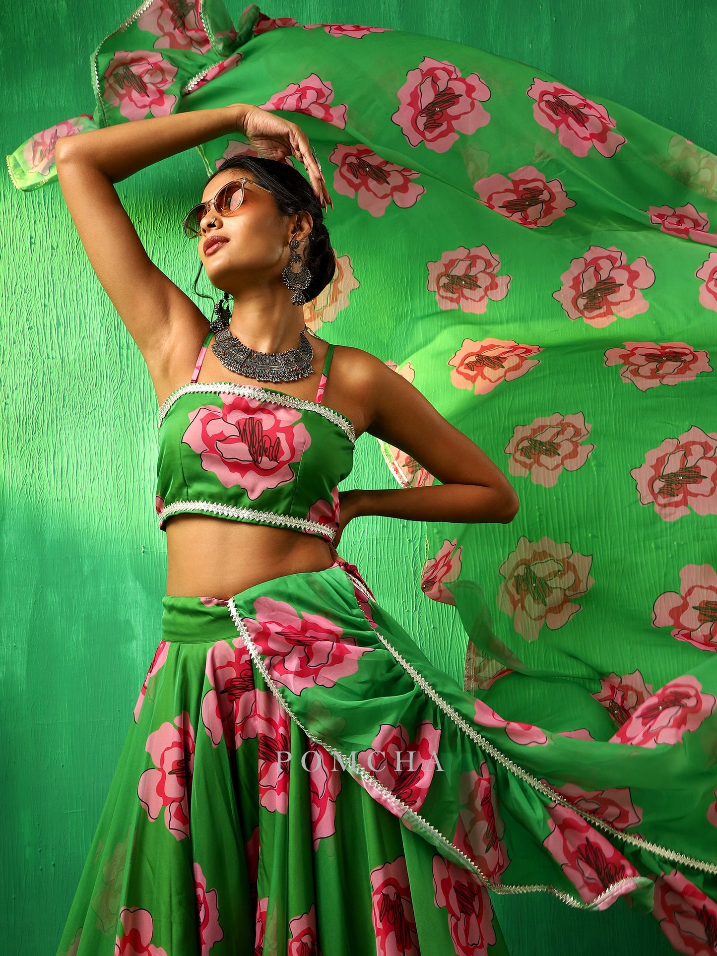 Adaa Green Carnation Organza Frill Lehenga  With Organza Dupatta Set