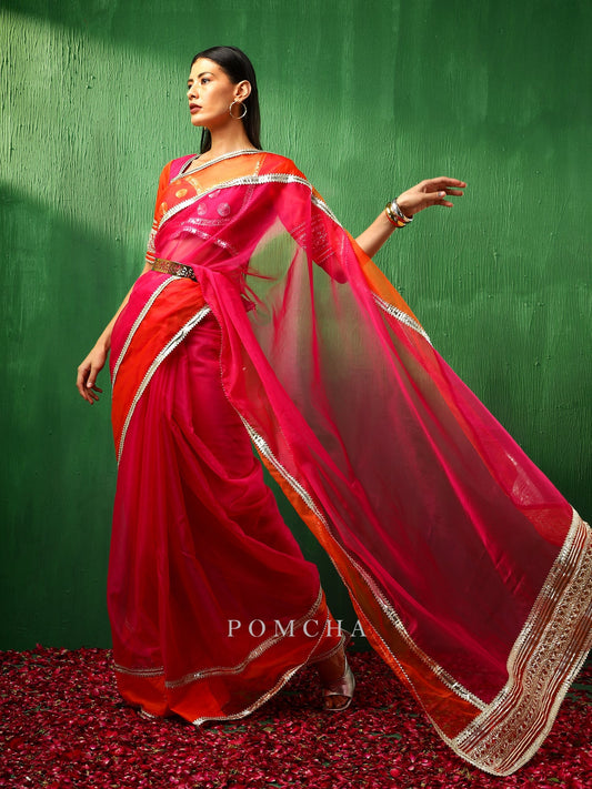 Adaa Orange Pink Double Shade Organza Saree