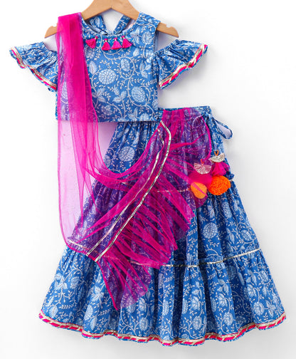 Girls Ethnic, Stylish Folklore Printed Cotton Lehanga Choli with Duptta