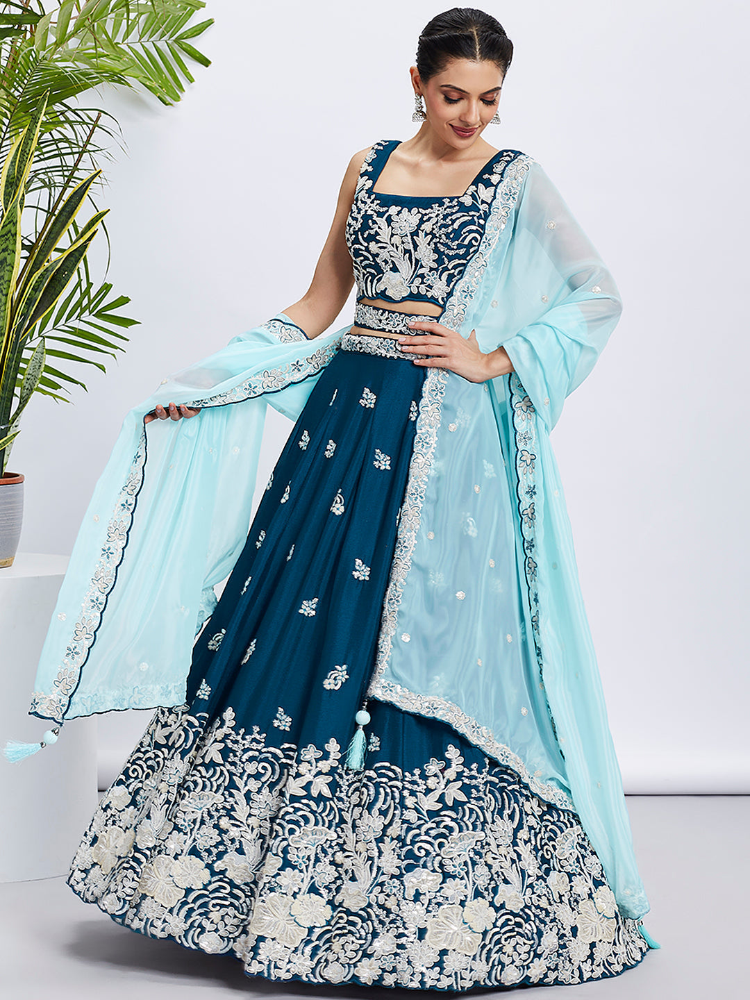 Women Teal Pure Georgette Sequins and thread embroidery  Lehenga choli & Dupatta