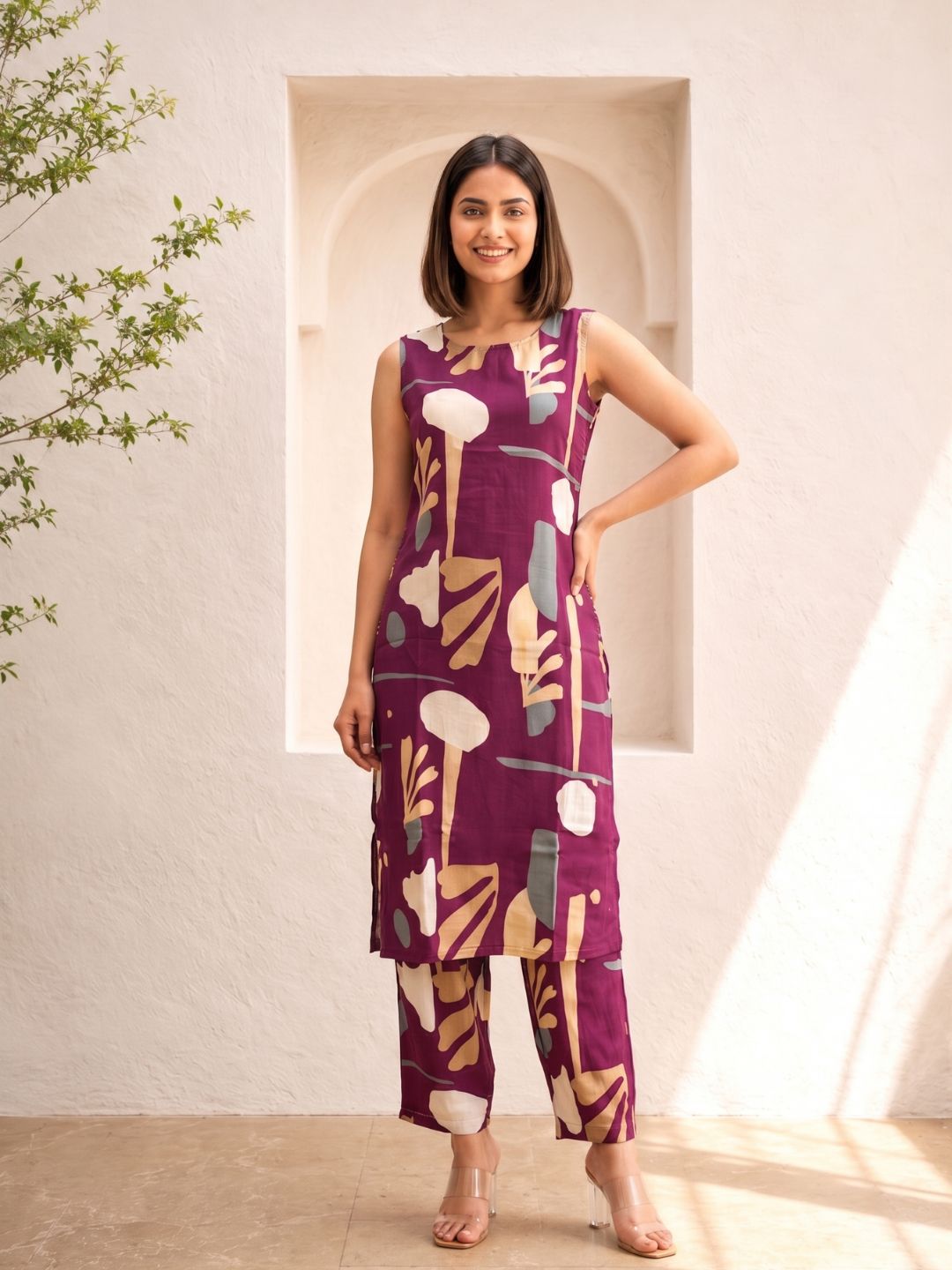 Sarika Plum Printed Sleeveless Kurta Pant Set