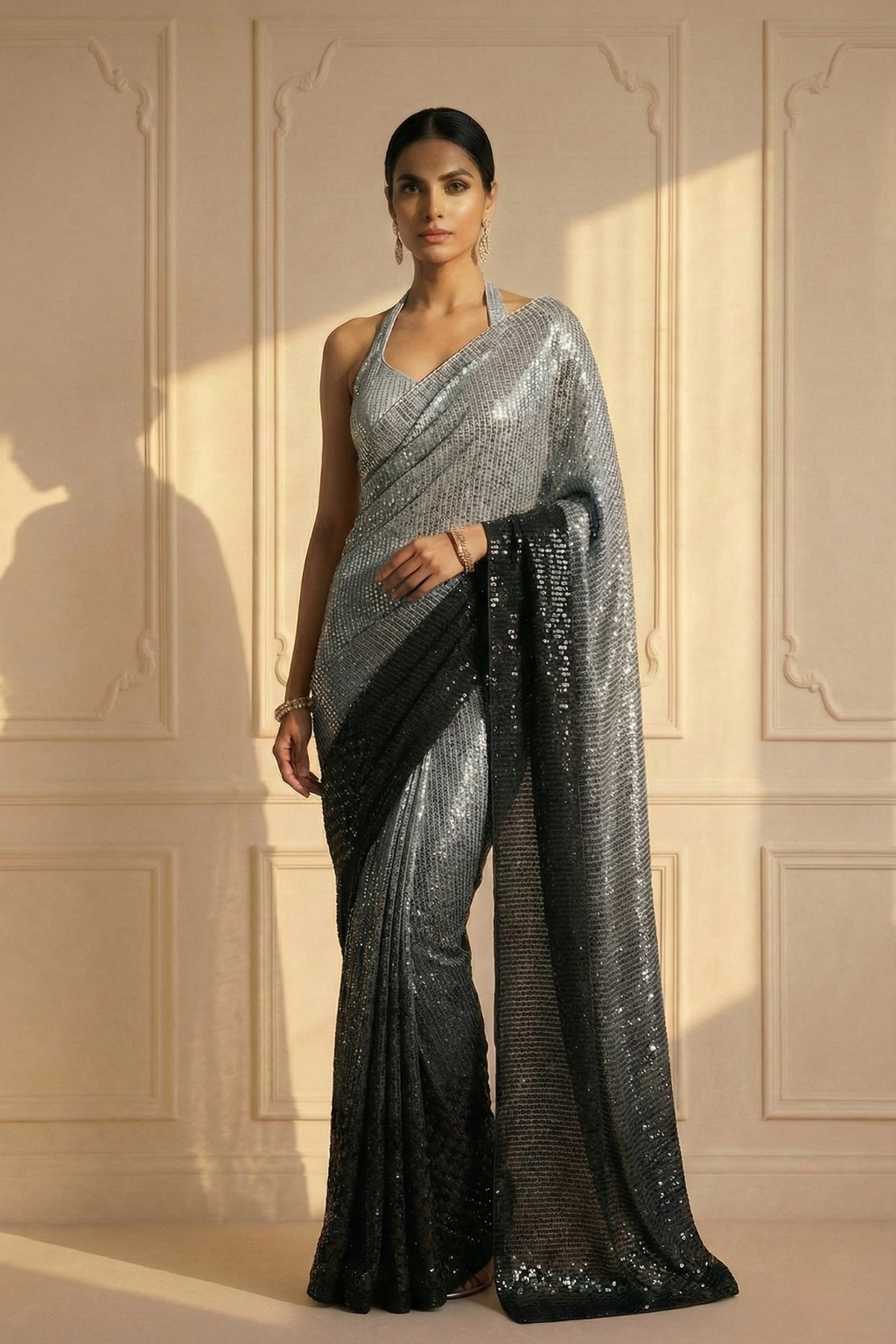 Dhiyona ST Black and Grey Ombre' Knitted Sequin Saree with Blouse Fabric