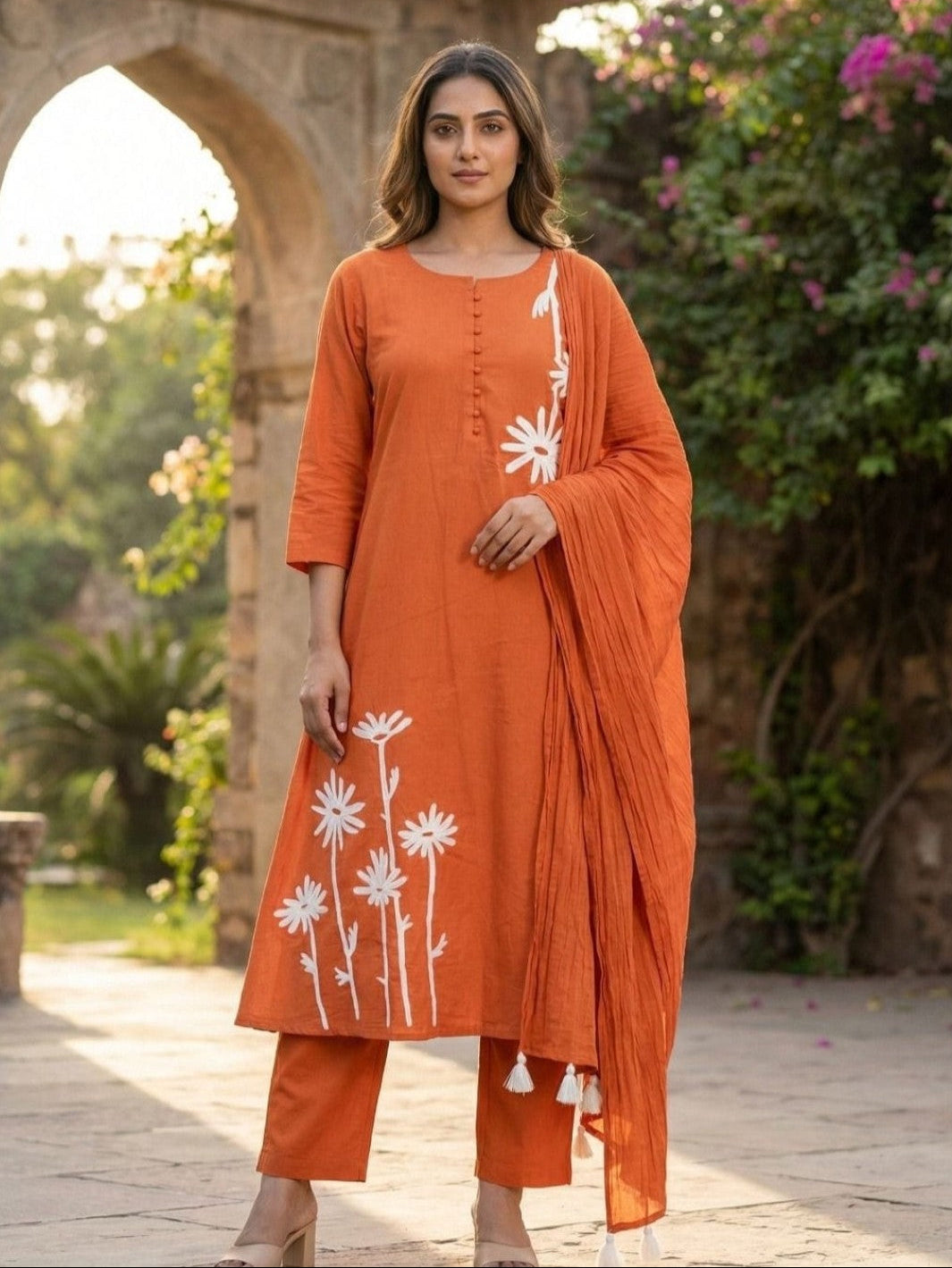 Tanu tangerine cotton embroidery suit set