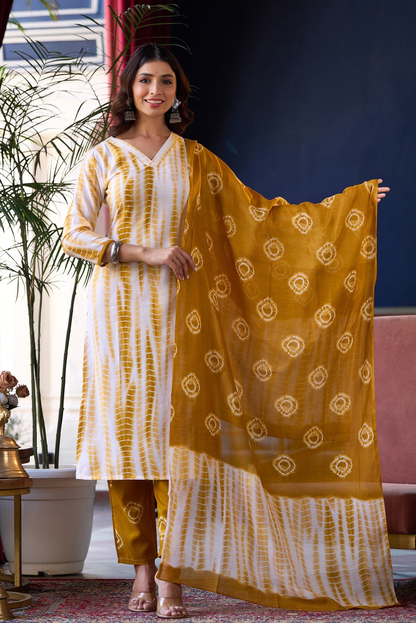 Women Yellow Printed Viscose Rayon Kurta, Pant And Dupatta Set