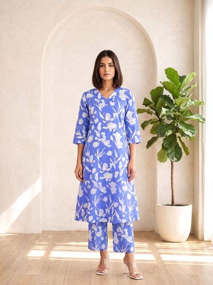 SASHA OCEAN PRINTED COTTON KURTA PANT SET