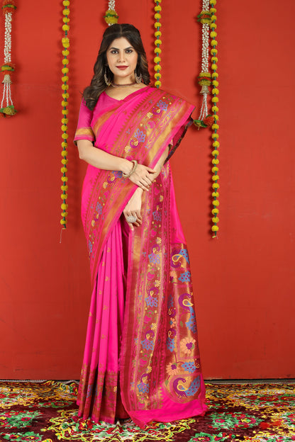 Dhiyona GR Women's Fancy Mor Hot Pink Zari Paithani Silk Saree