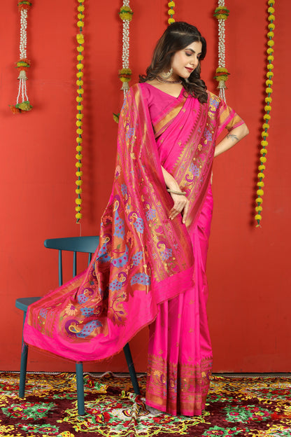 Dhiyona GR Women's Fancy Mor Hot Pink Zari Paithani Silk Saree